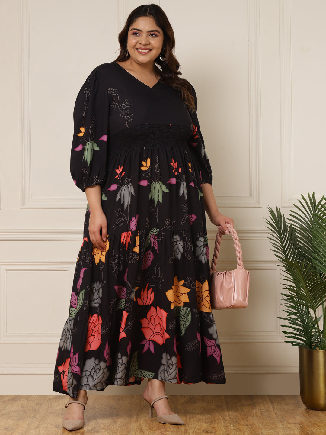 Women's Plus Size Black Floral Maxi Tiered Dress