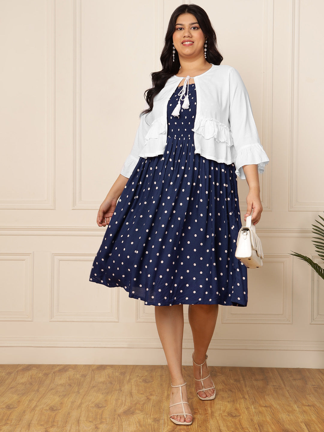 Women's Plus Size Blue Polka Dress With-Ruffled Shrug