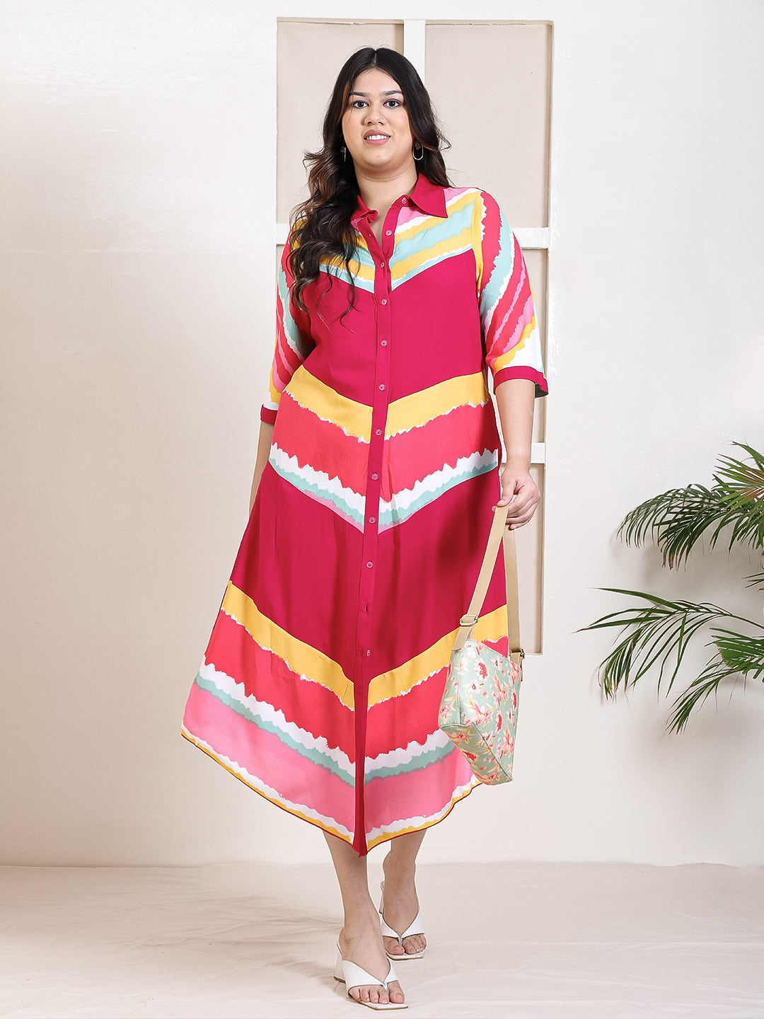 Women's Plus Size Magenta With Multi Striped Shirt Dress