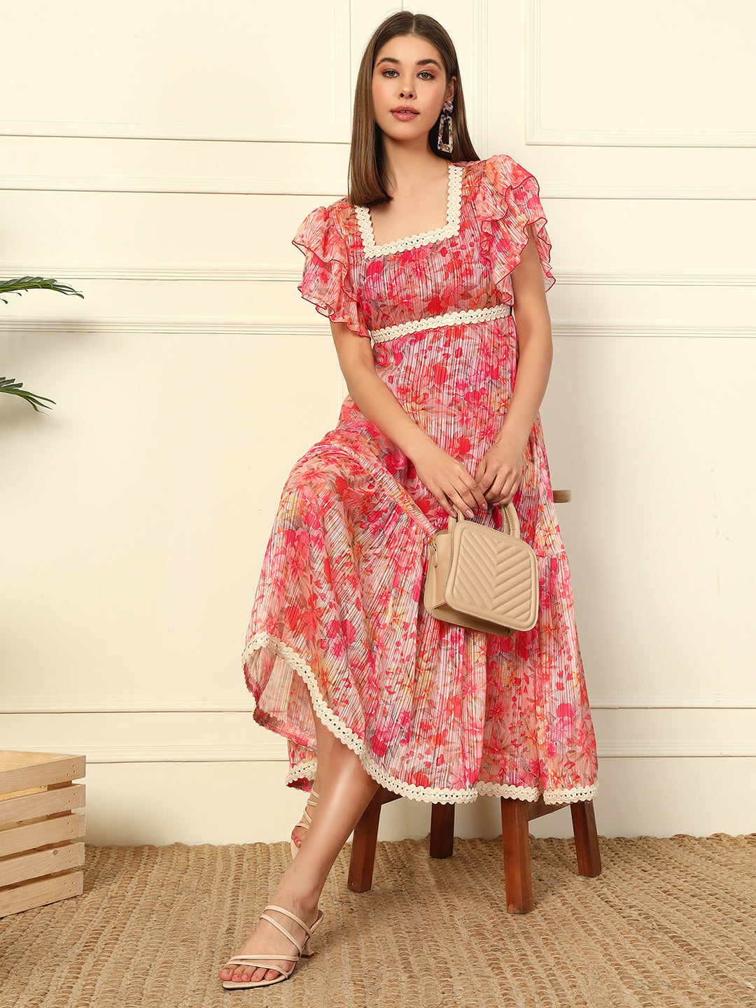 blue dress for baby girl Floral Maxi Dress with Puff Sleeves & Twist-Front Bodice Pink / 2 main image 0