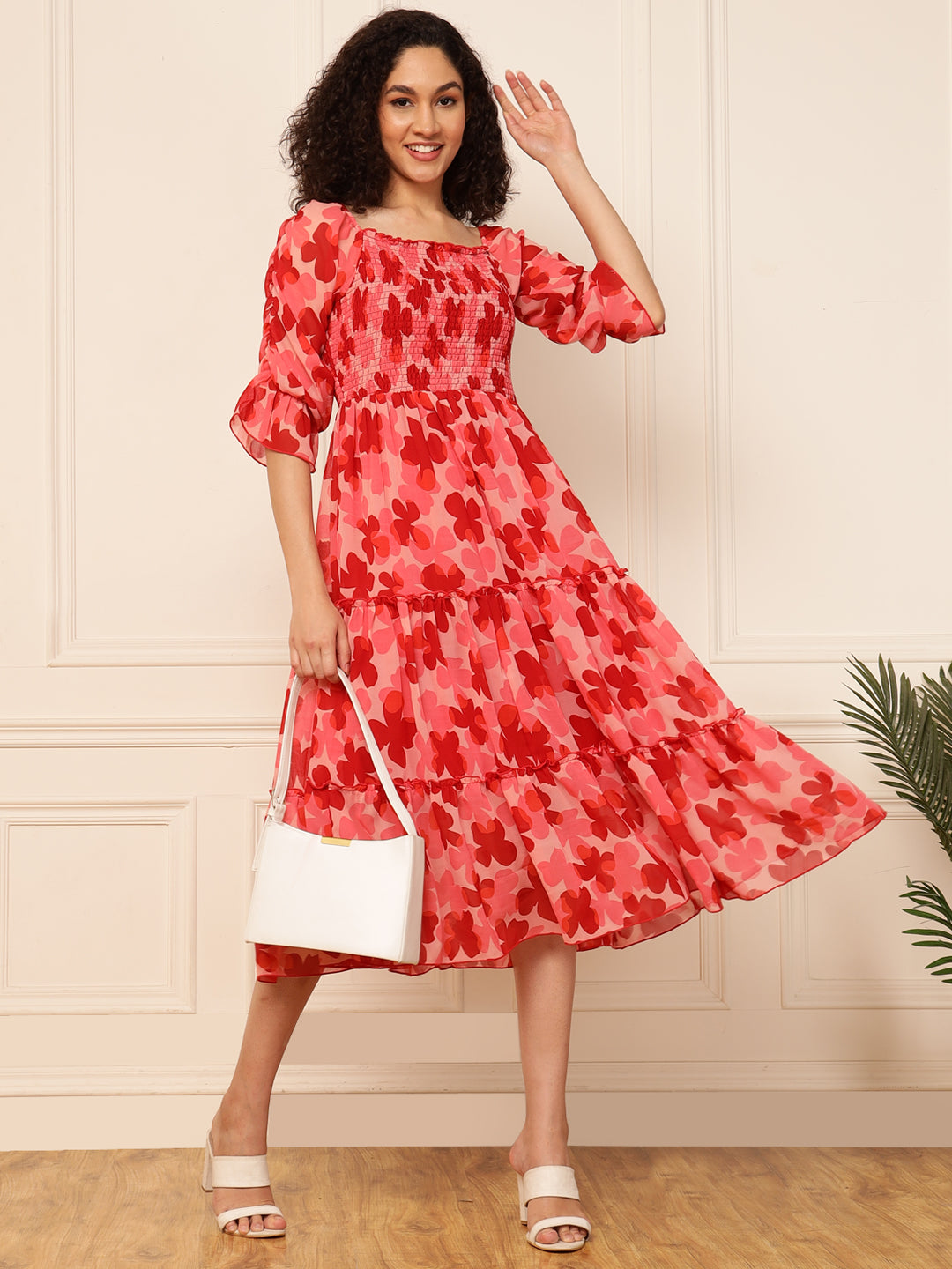 Red Floral Smocked Tiered Women Dress