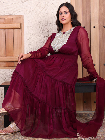 Indo Western Mirror Embroidered Neck Maxi Kurta With Dupatta