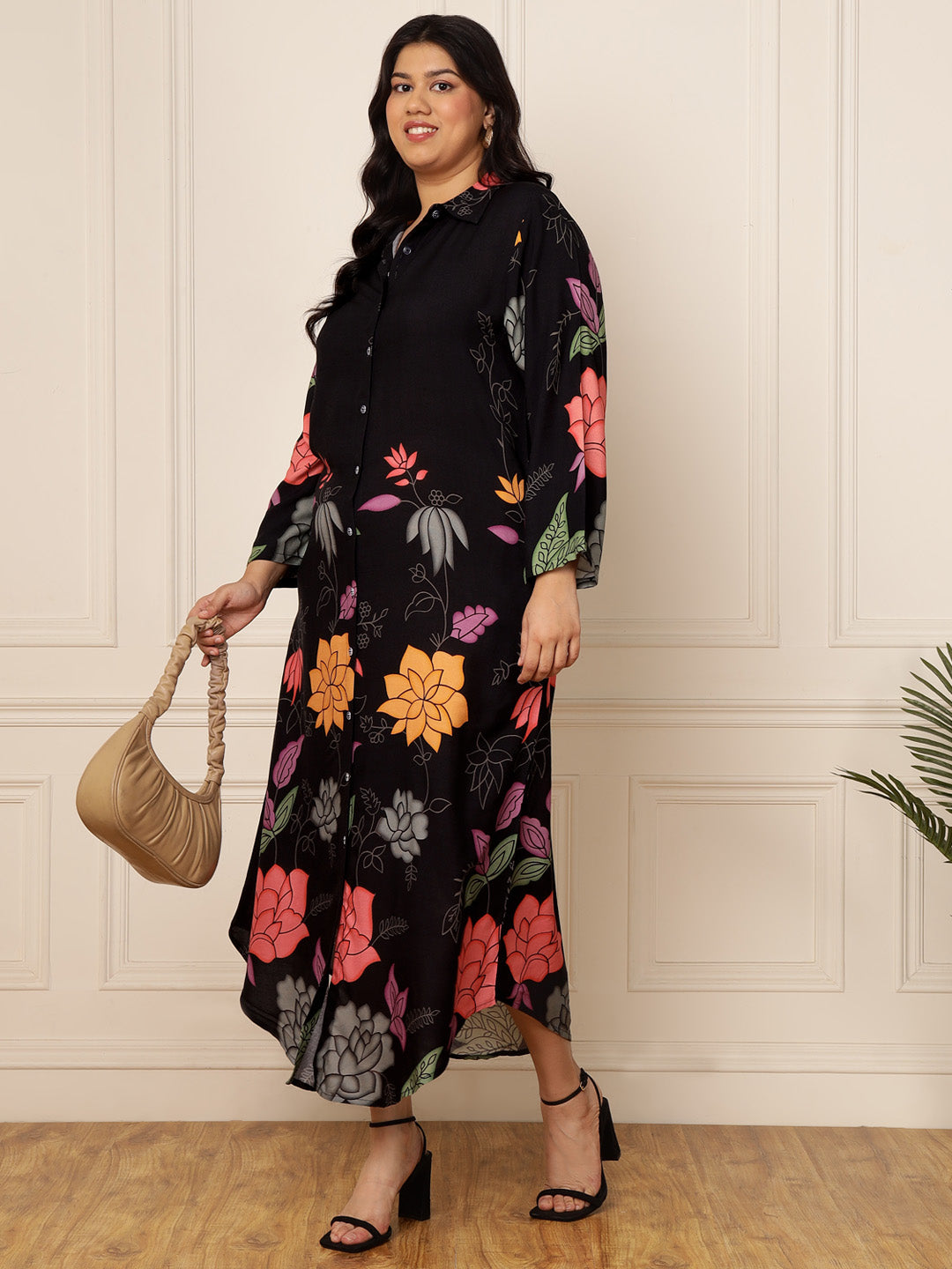 Women's Plus Size Black Floral Printed Shirt Dress
