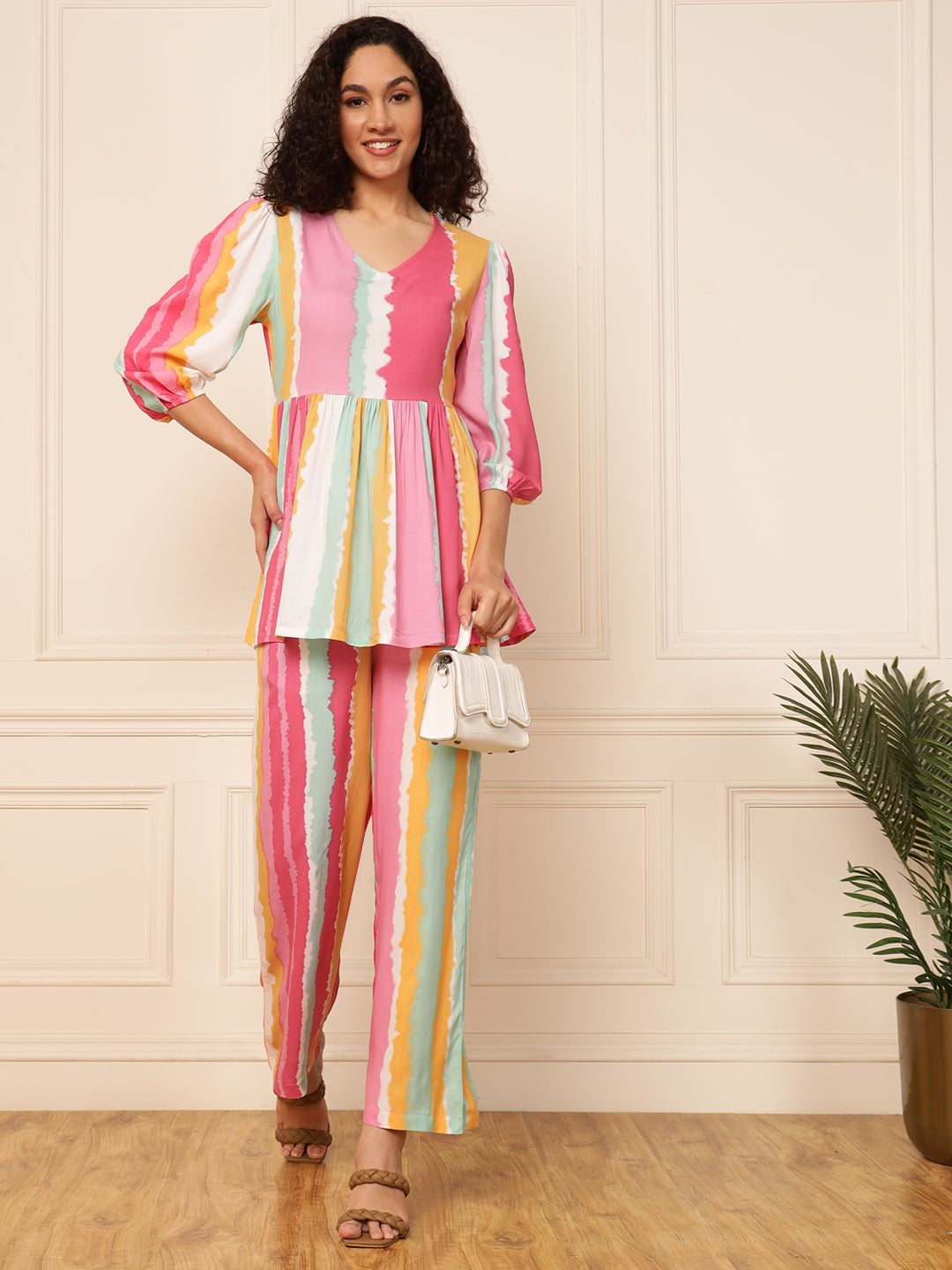 Pink Multi Colour Striped Women Coo-Ord Sets