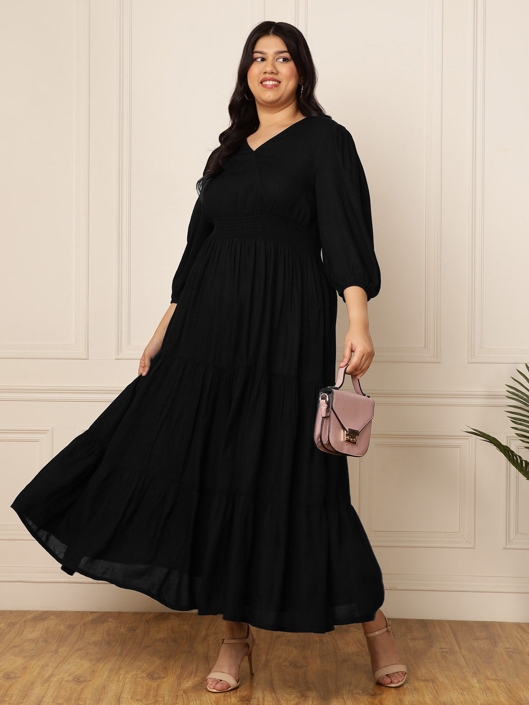 Women's Plus Size Women's Black Rayon A-Line Tiered Maxi Dress