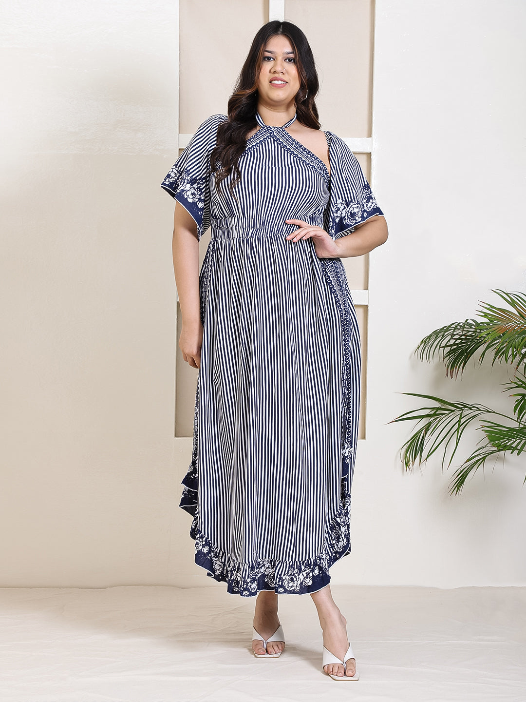 Women's Plus Size Blue Striped Printed With Bell Sleeve High Slit Dres Women's Plus Size Blue Striped Printed With Bell Sleeve High Slit Dres