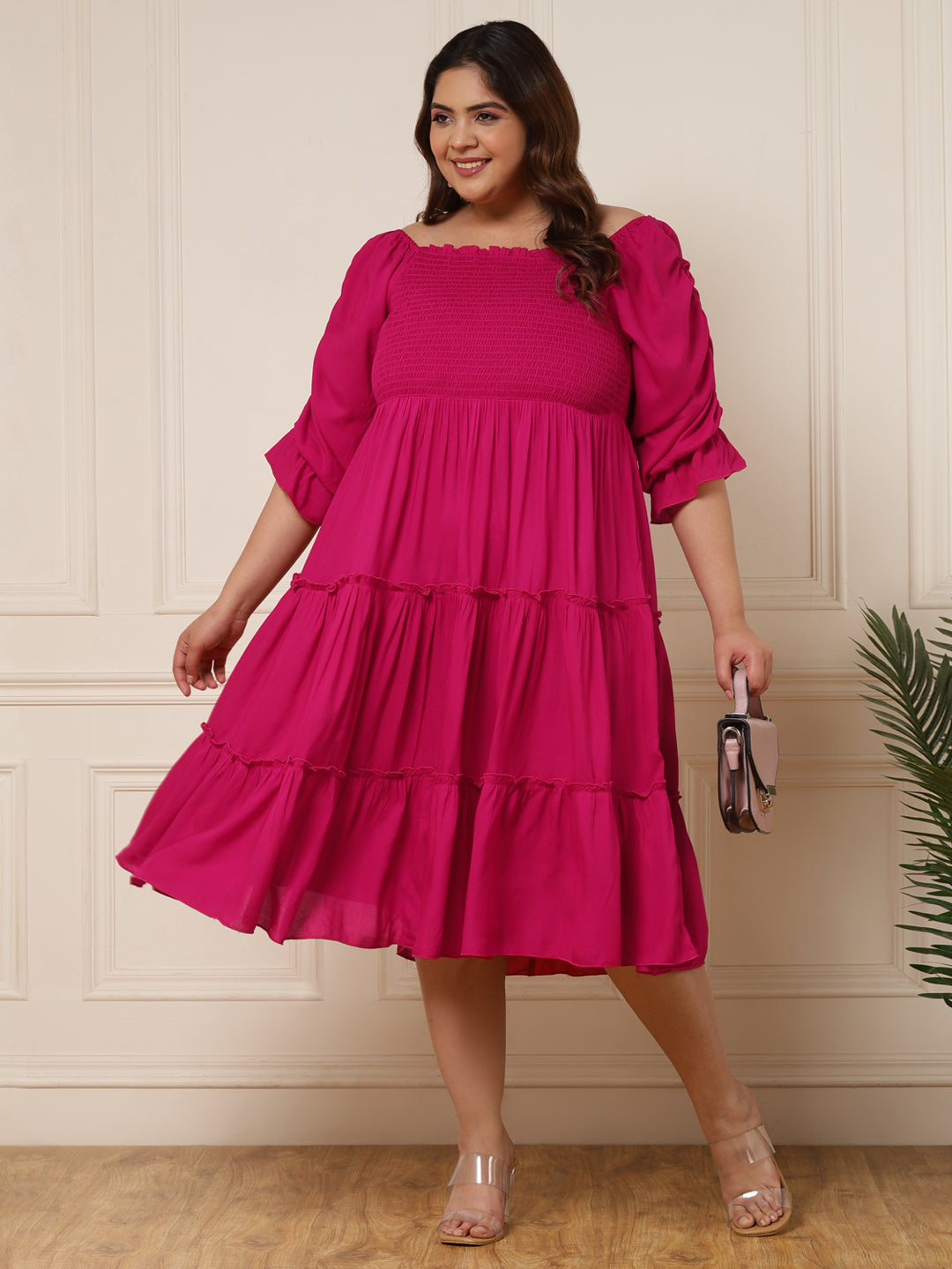 Women's Plus Size Solid Tiered Dress With Gathered Sleeves Women's Plus Size Solid Tiered Dress With Gathered Sleeves