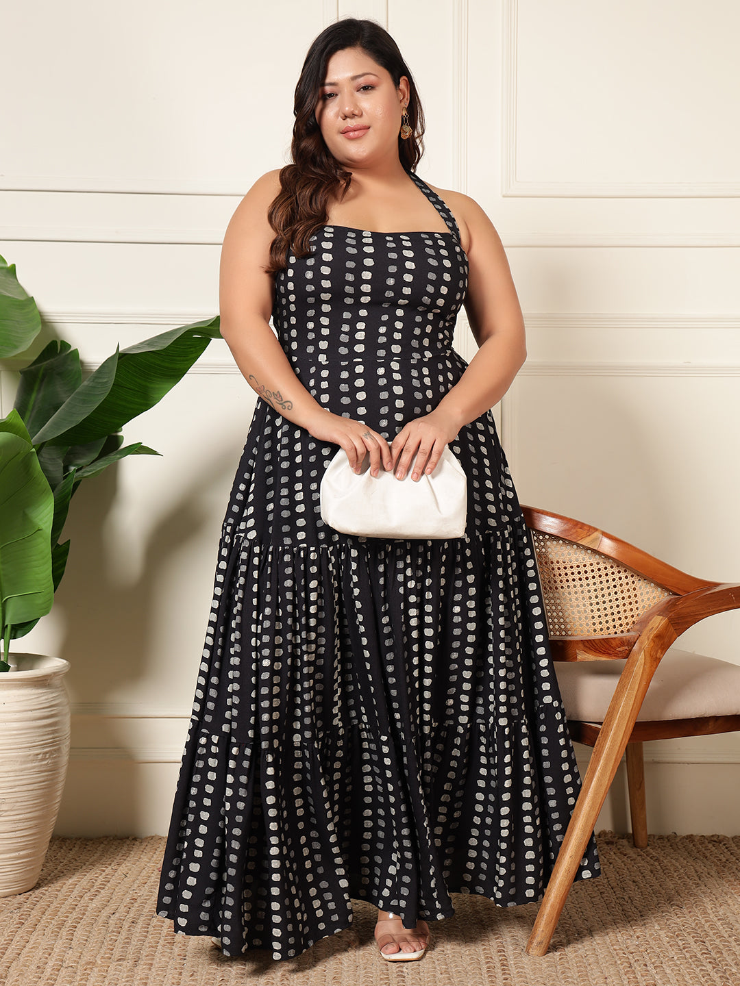 Black Polka Halter Neck Tiered Women Plus Size Maxi Dress
