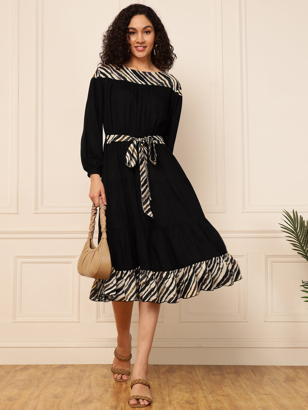 Black With Diagonal Multi Striped Women Tiered Dress