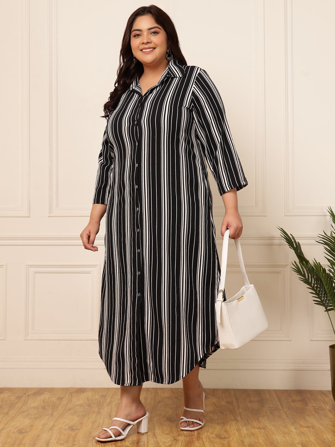 Women's Plus size black striped printed shirt