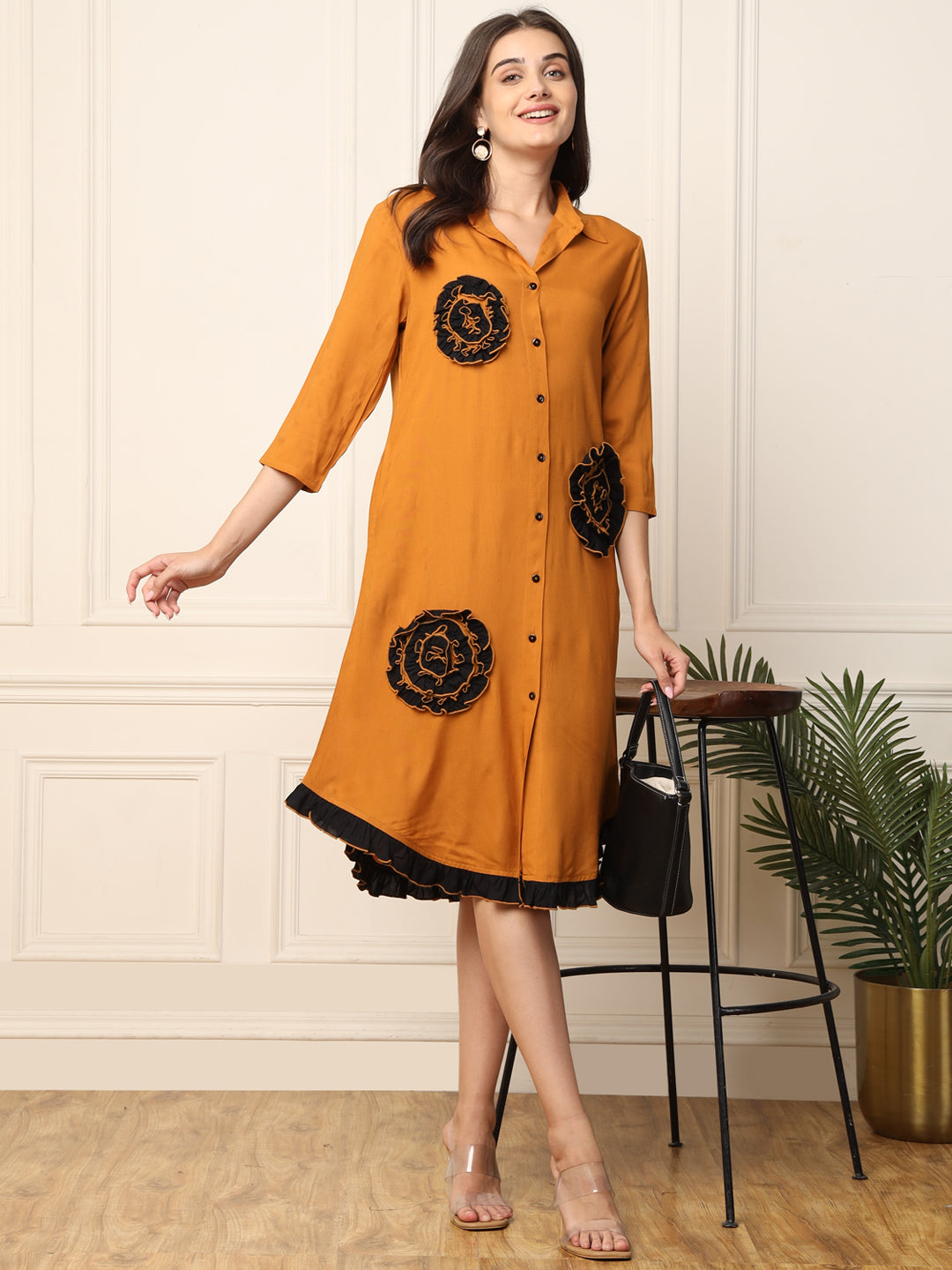 Brown Floral Shirt Dress with Ornamental Hem