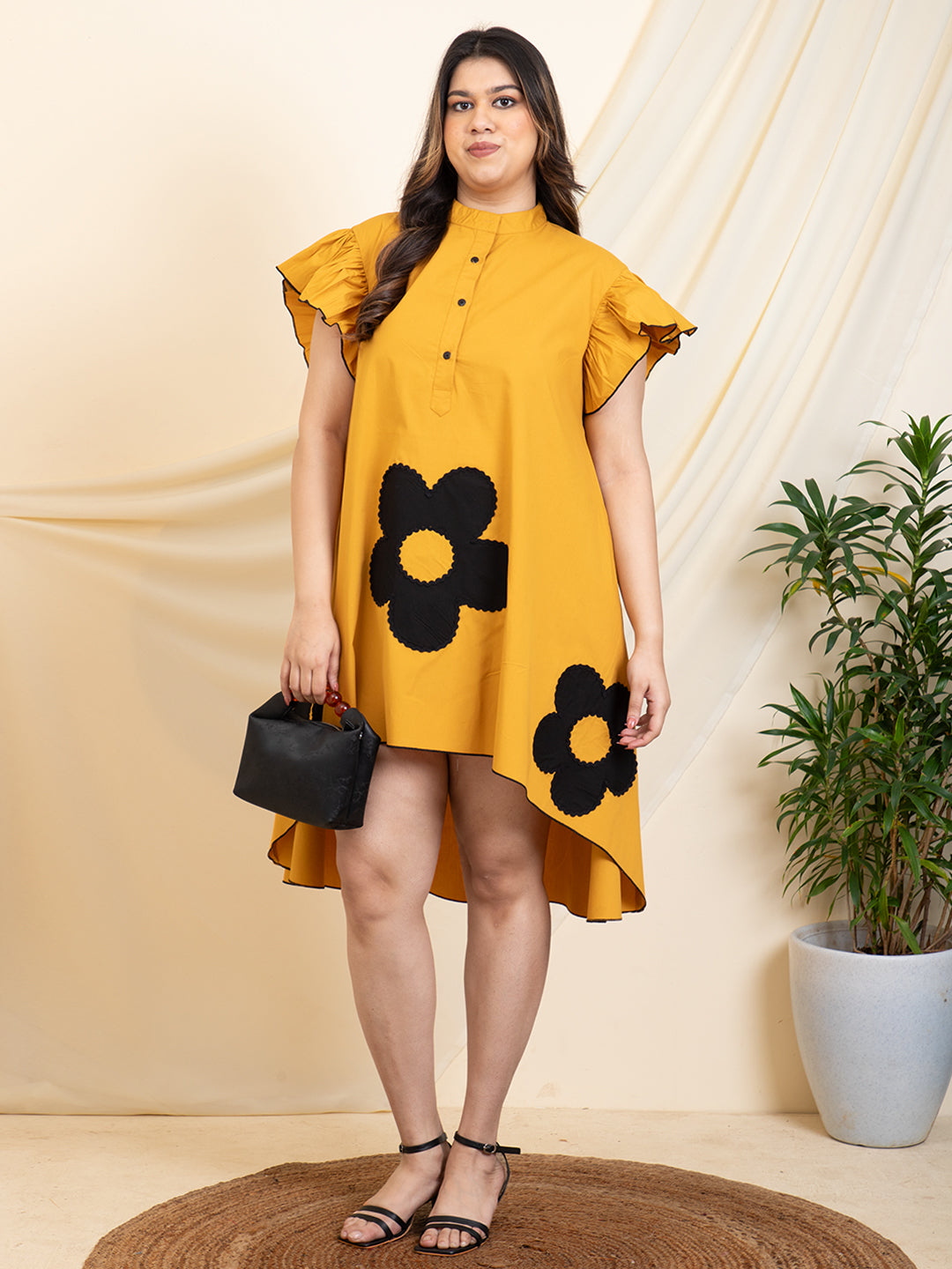 Women Yellow A Line High Low Patch Work Plus Size Dress