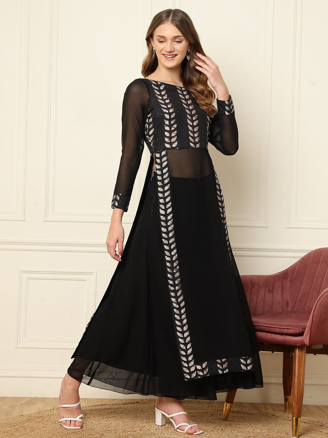 long sleeve indo western dress for women Embroidered Women Boat Neck Long Sleeves Indo Western Co-Ord Set