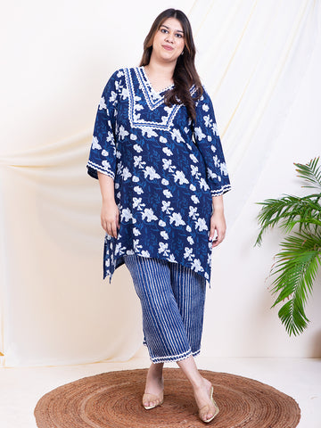 Women's Plus Size Indigo Floral Kurta With Palazzo Ethnic Women Co-Ord Sets