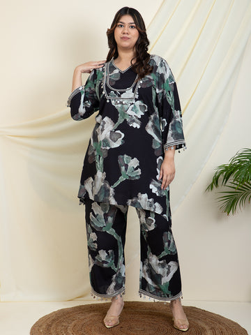 Black Floral Kurta With Palazzo Women Plus SIze Co-Ord Set