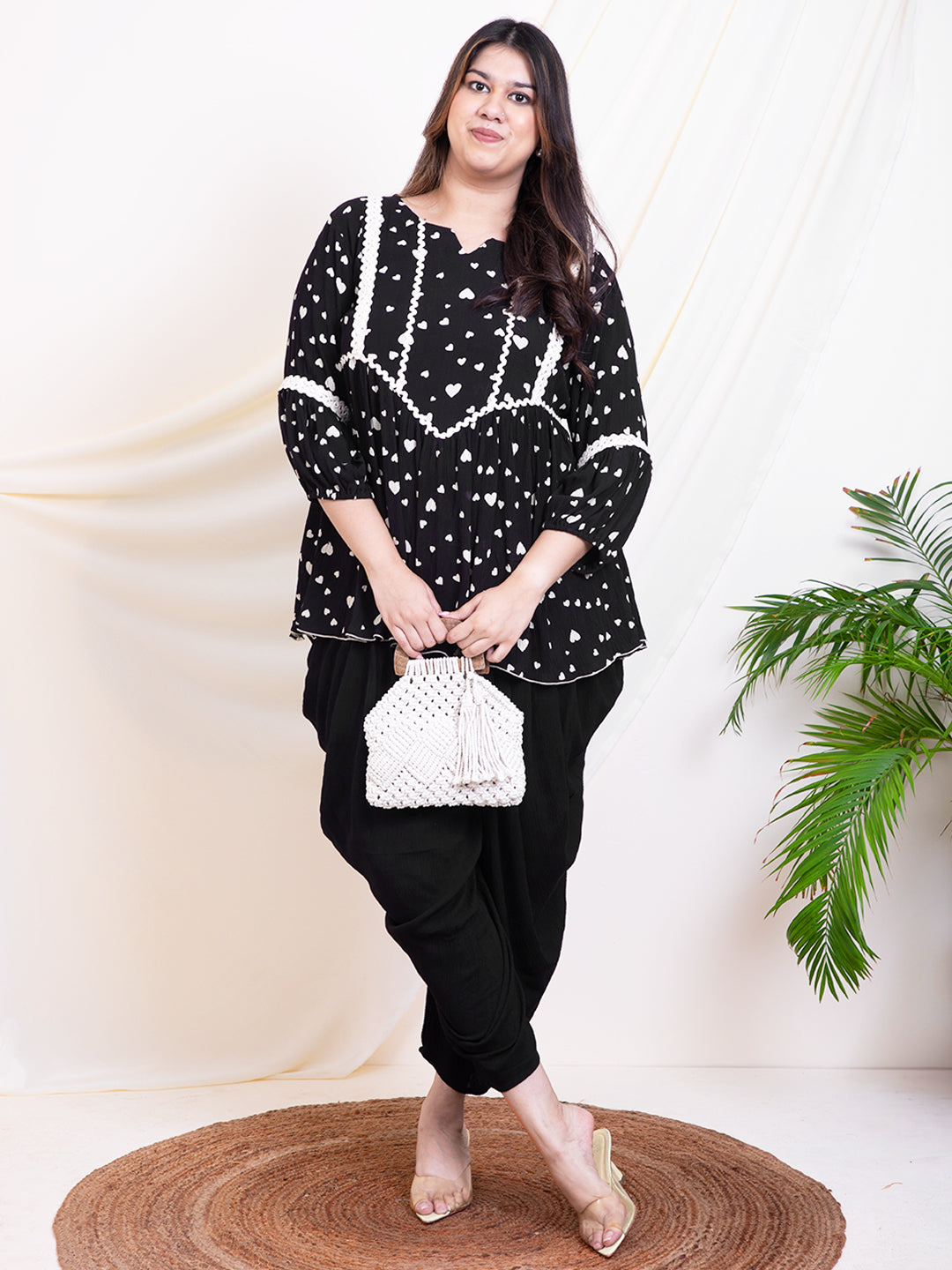 Women's Plus Size Black Heart Printed Peplum Top With Harem Pant Women Indo  Western Co-Ord Sets
