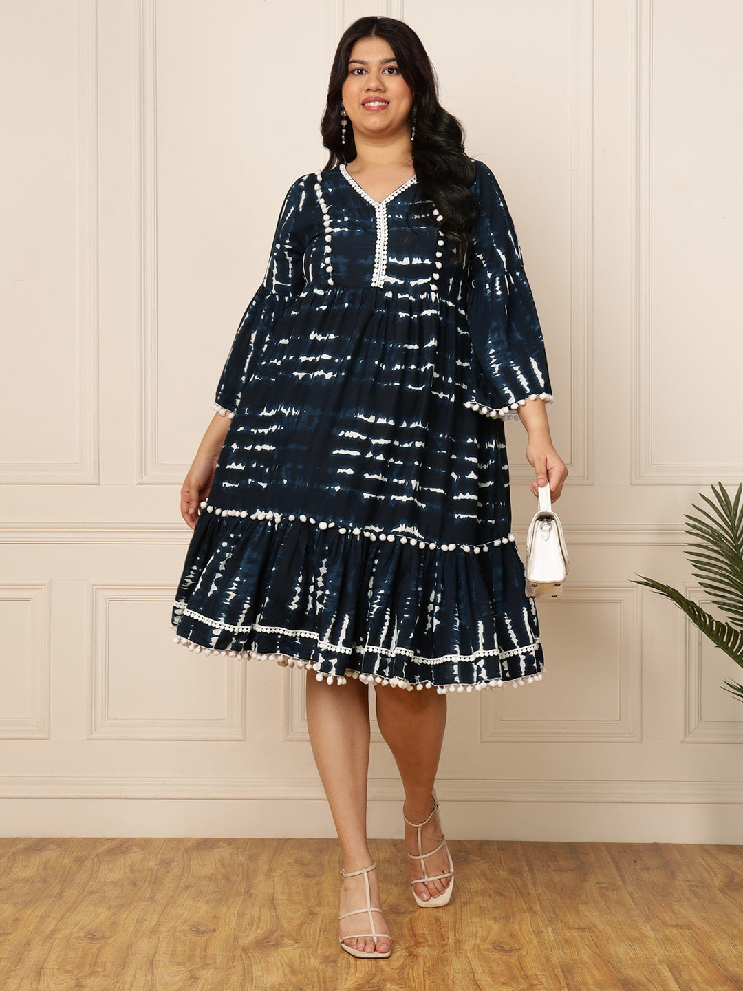 Women's Plus Size Navy Blue White Tie & Dye Printed Fit & Flare Dress Women's Plus Size Navy Blue White Tie & Dye Printed Fit & Flare Dress