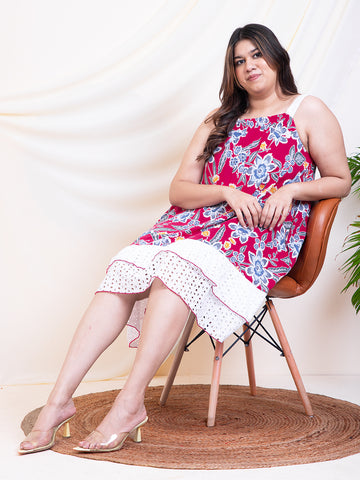 Women's Plus Size Red Floral With Schiffli Tiered Halter Neck Women Dress