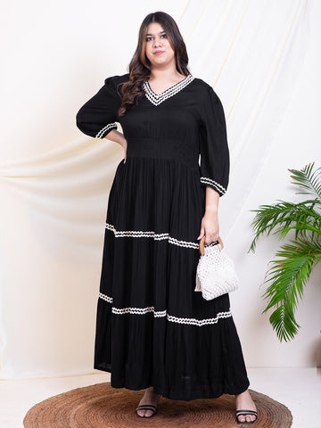Women's Plus Size Black V-Neck Tiered Women Maxi Dress