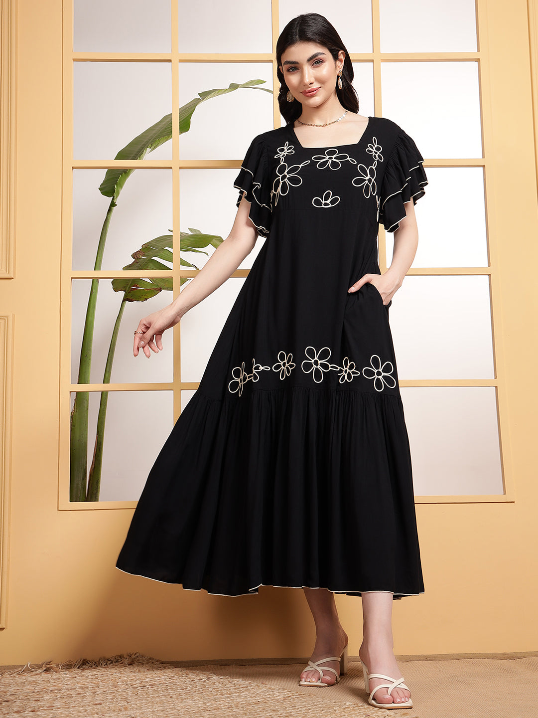 green emerald velvet dress EMBROIDERED TIERED DRESS main image 1