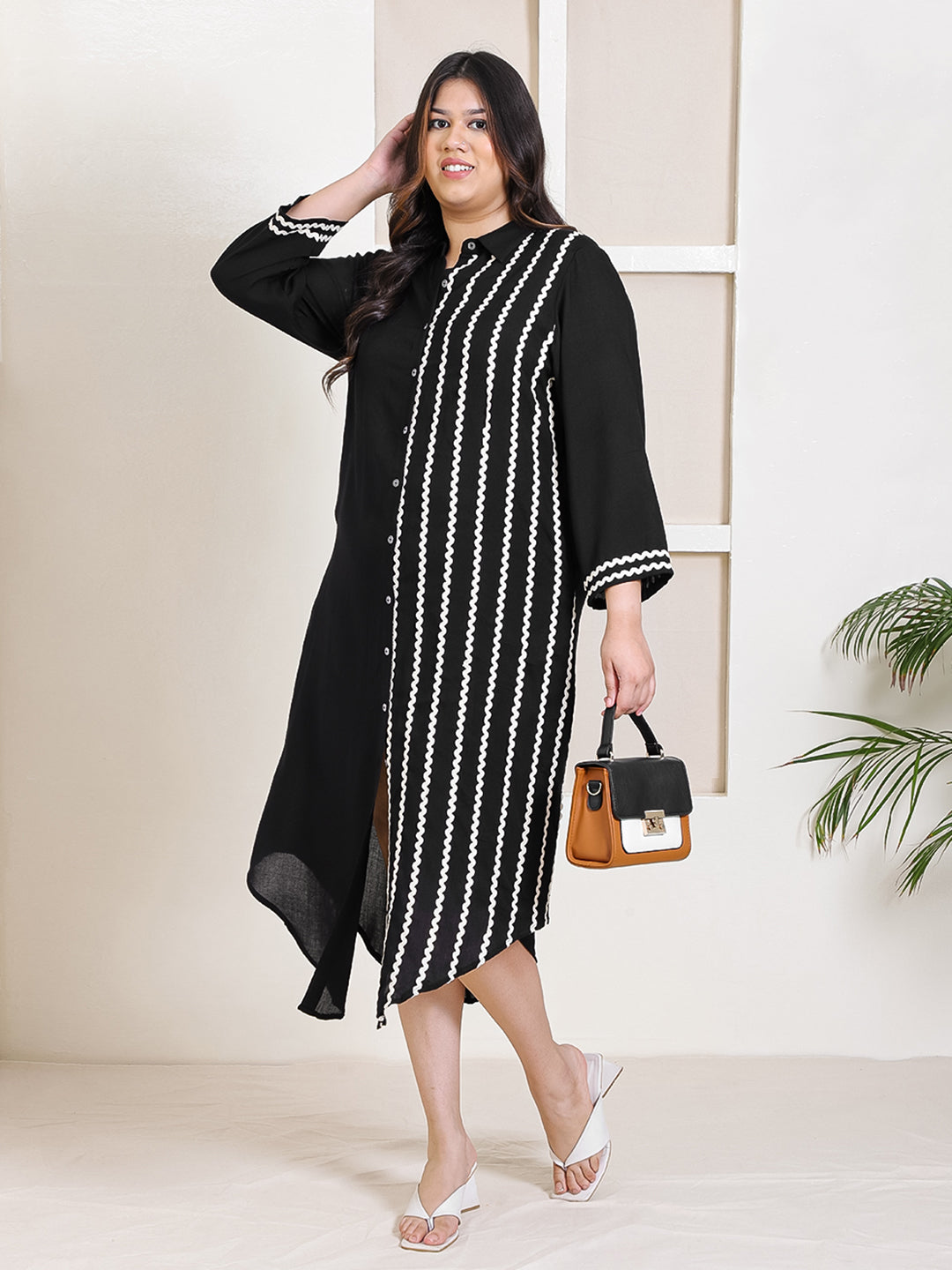 Women's Plus Size Black Diagonal Striped Shirt Dress main image 0