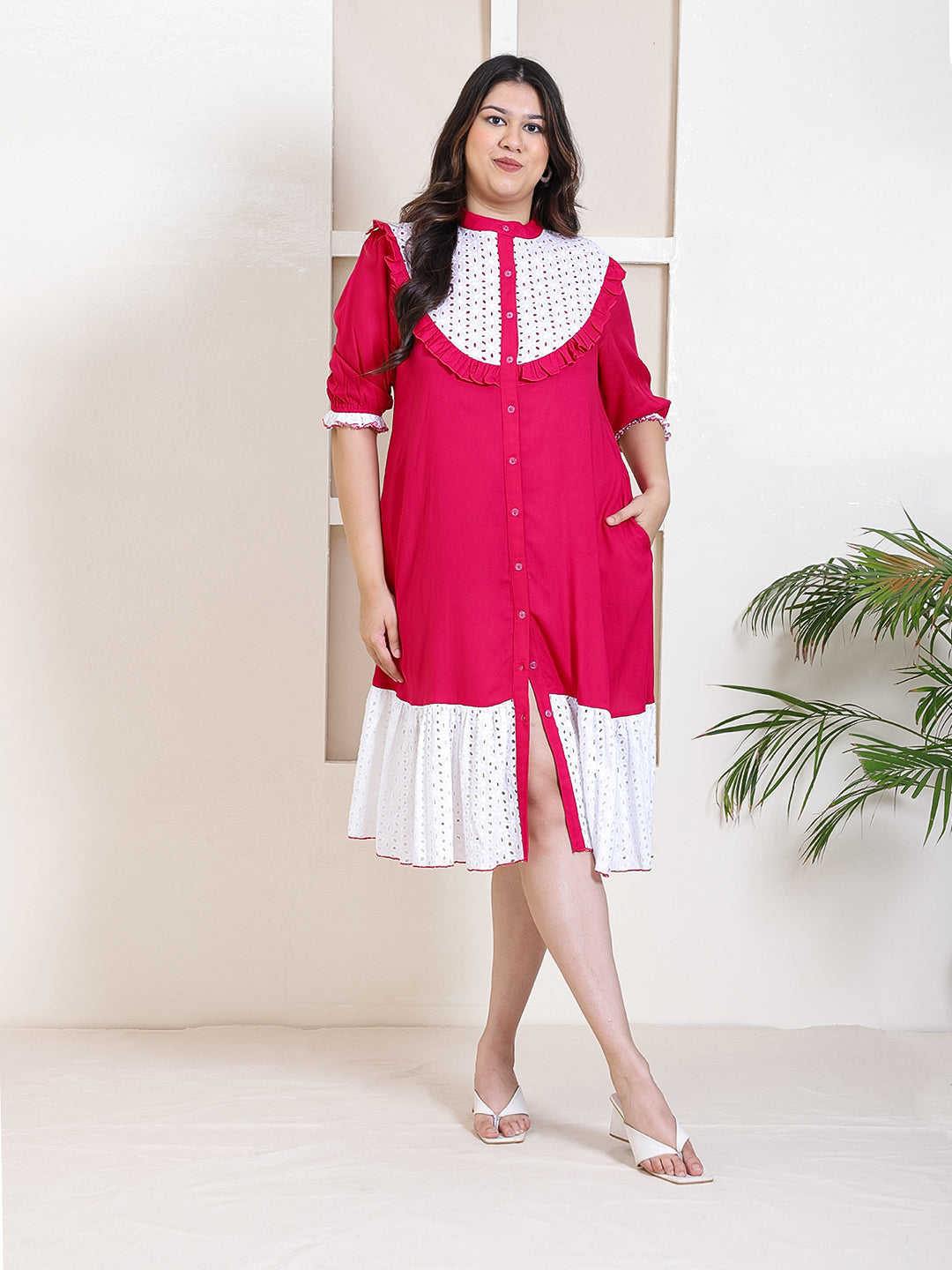Women's Plus Size Magenta With Schiffli Embroidered Tiered Shirt Dress - Main Image
