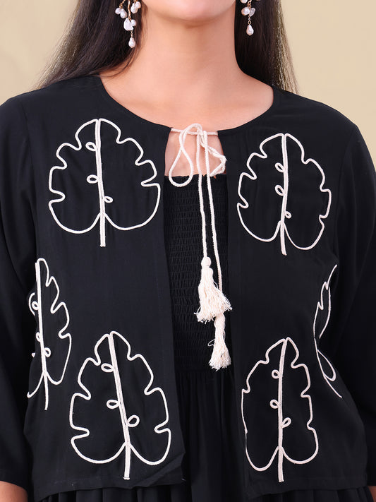 Black Pure Rayon Smocked Dress With Embroidered Shrug