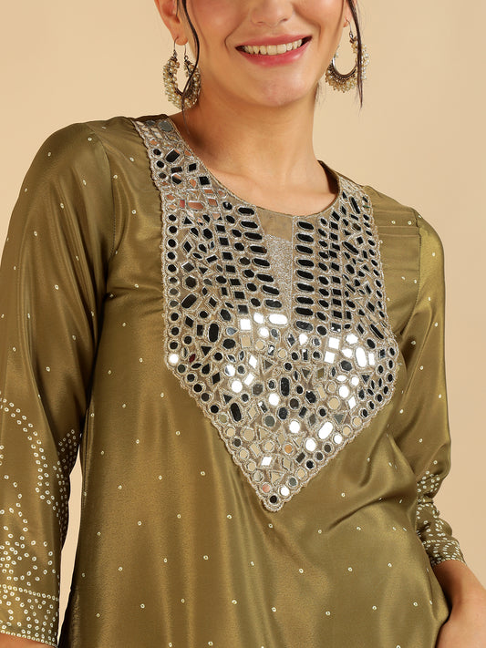 Olive Green Bandhani Printed Kurti With Sharara Fusion Women Co-Ord Set