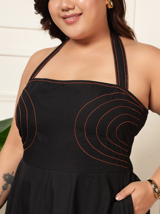 Black Cotton Halter Strappy Neck Women Maxi Plus Size Dress