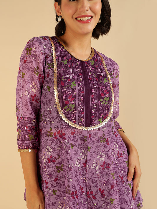 Lavender Floral Border Printed Peplum Top With Sharara Fusion Co-Ord Set