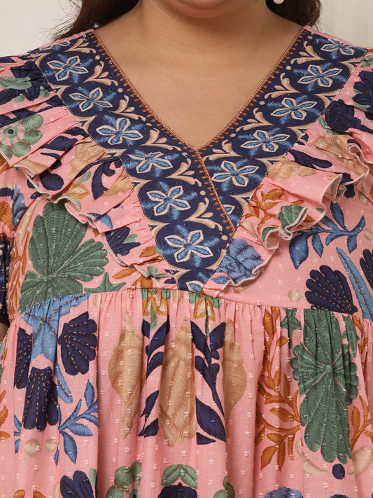 Women's Plus Size Multicolor Printed Viscose Rayon Tiered Dress
