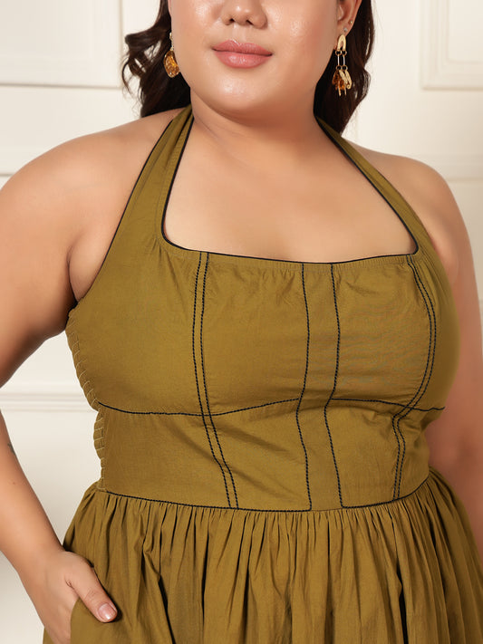 Olive Green Cotton Corset Halter Neck Women Plus Size Maxi Dress