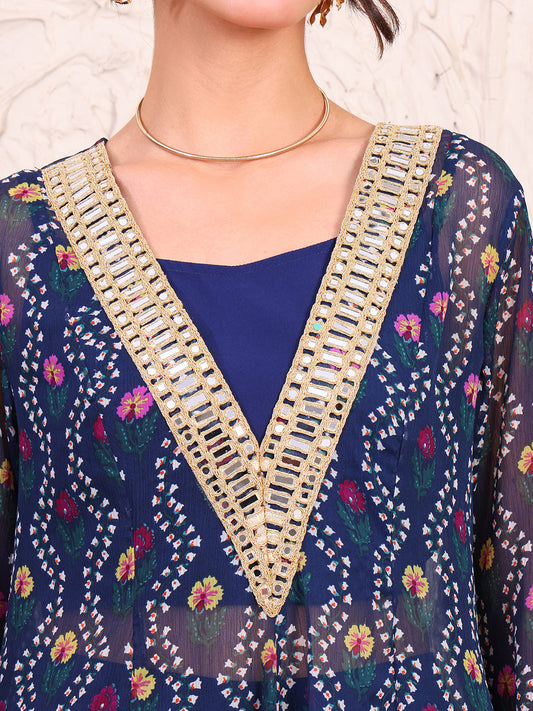 Navy Blue Bandhani Pure Chiffon Kurta With Crop Top & Pants Indo Western Women Set