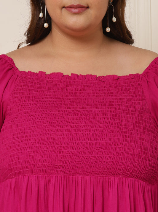 Women's Plus Size Solid Tiered Dress With Gathered Sleeves