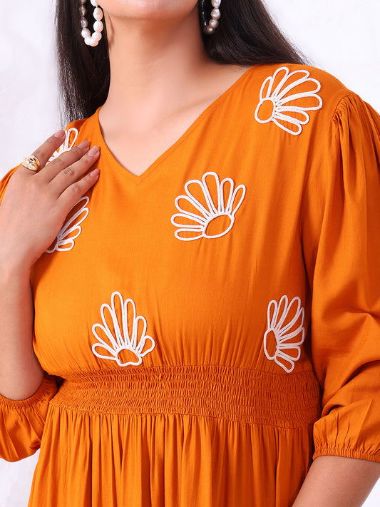 Tan Brown Pure Rayon Embroidered Tiered Maxi Dress