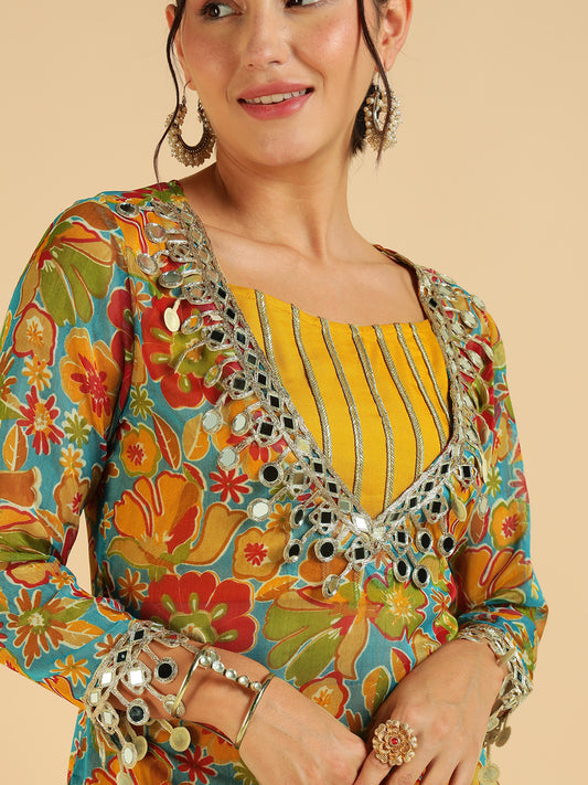 Multi Colour Floral Printed Top & Kurti with Sharara Fusion Co-Ord Set