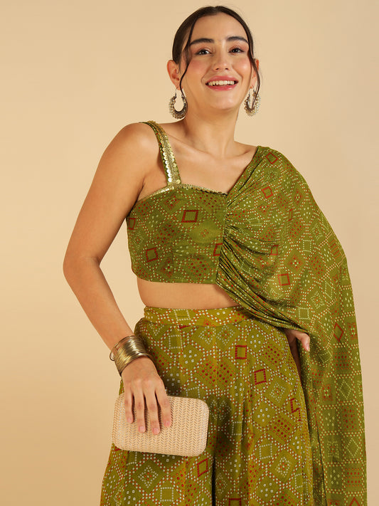 Olive Green Bandhani Printed Crop Top With Sharara Saree Fusion Co-Ord Set