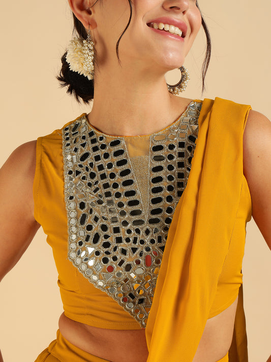 Mustard Embroidered Patch Crop Top With Tiered Palazzo Saree Fusion Co-Ord Set