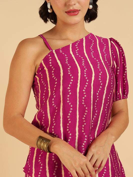 Magenta Bandhani Printed One Shoulder Tunic With Pant Fusion Co-Ord Set