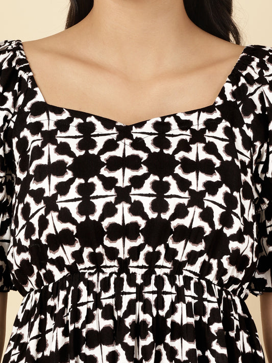 Black Geometrical Printed Calf Length Women Dress