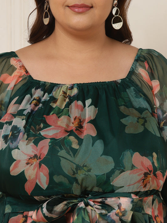 Women's Plus Size Bottle Green Floral Printed Women Tiered Dress