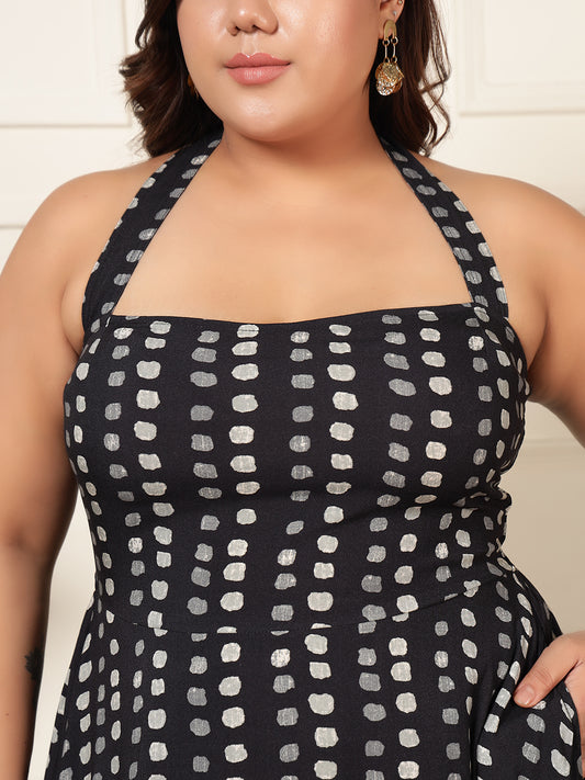 Black Polka Halter Neck Tiered Women Plus Size Maxi Dress
