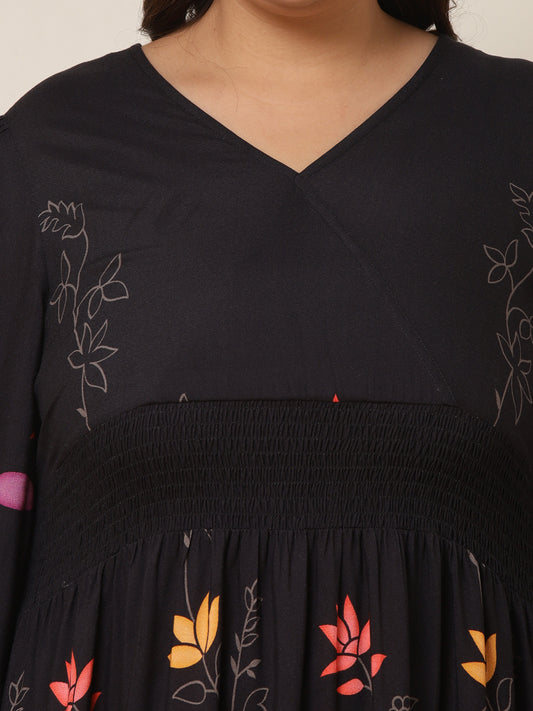 Women's Plus Size Black Floral Maxi Tiered Dress