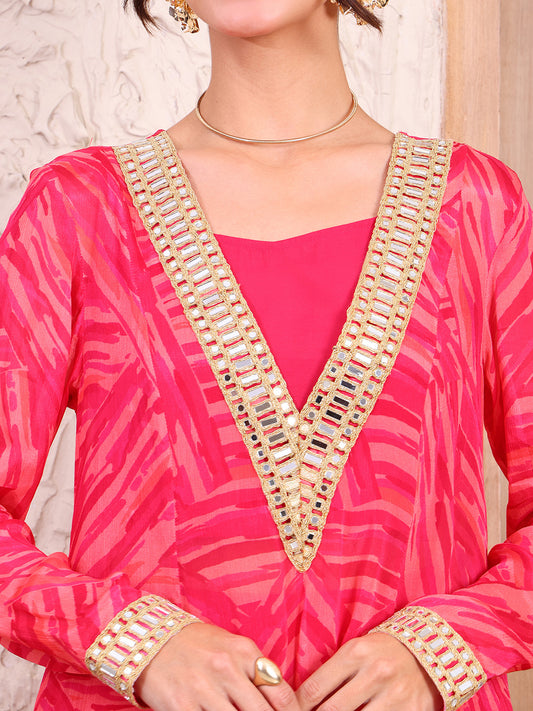 Magenta Abstract Printed Pure Chinnon Indo Western Women Set