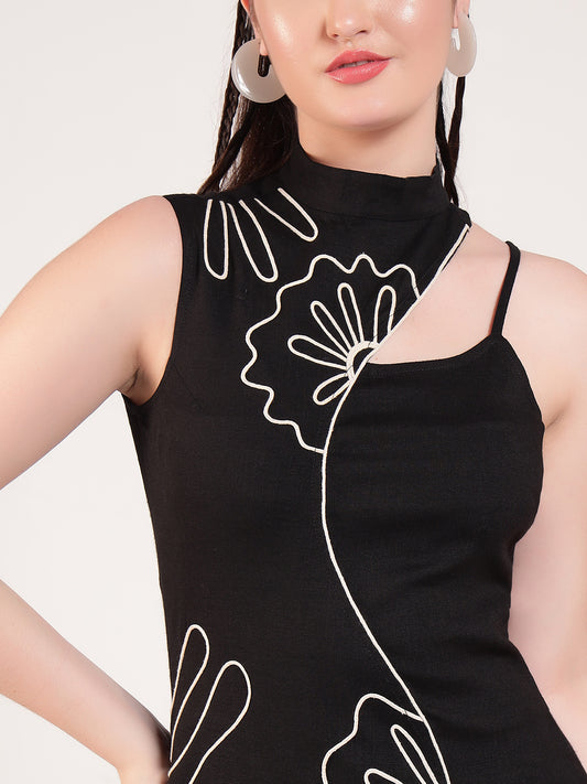 Black Halter Neck Embroidered Women Body Con Dress