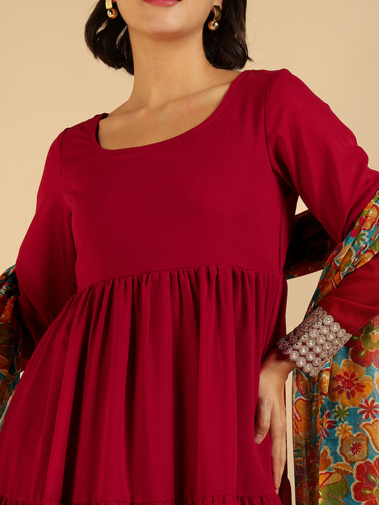 Maroon Tiered Mai Ethnic Kurta With Floral Printed Dupatta Set For Women