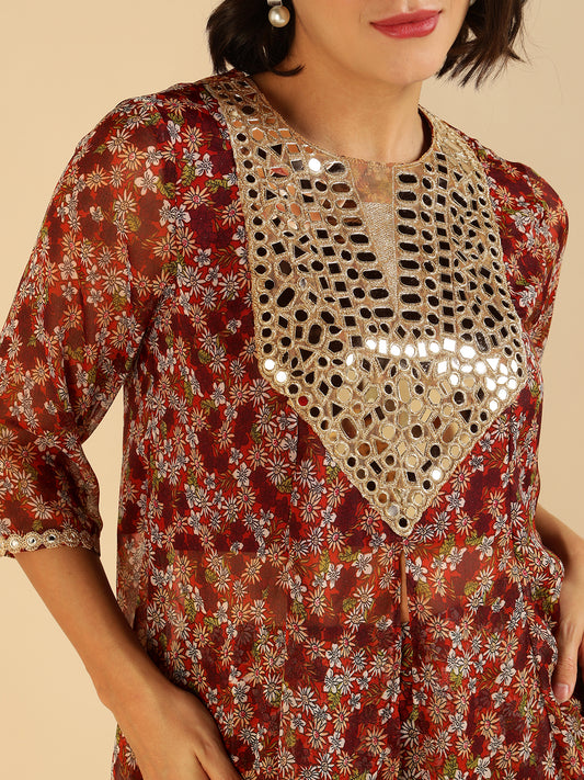 Multi Floral Peplum Top & Sharara With Dupatta Fusion Women Co-Ord Set