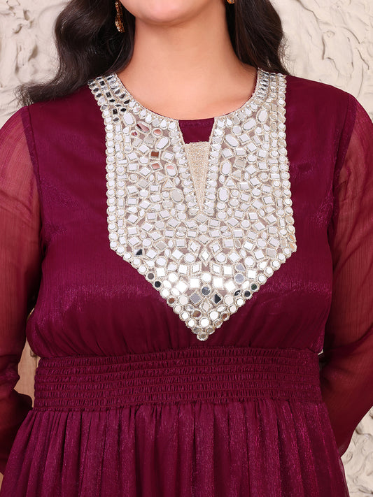 Indo Western Mirror Embroidered Neck Maxi Kurta With Dupatta