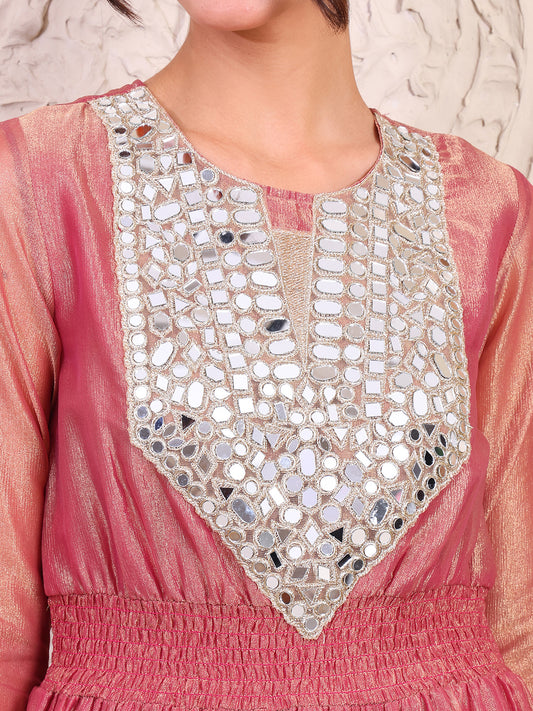 Indo Western Embroidered Peach Shimmer Tissue Tiered Maxi Kurta With Dupatta