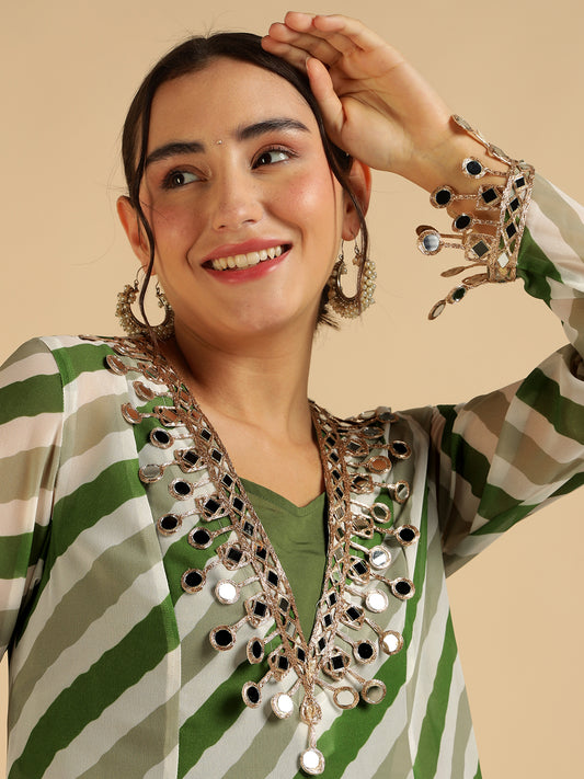 Green Lahariya Printed Top & Kurta with Pant Fusion Co-Ord Set